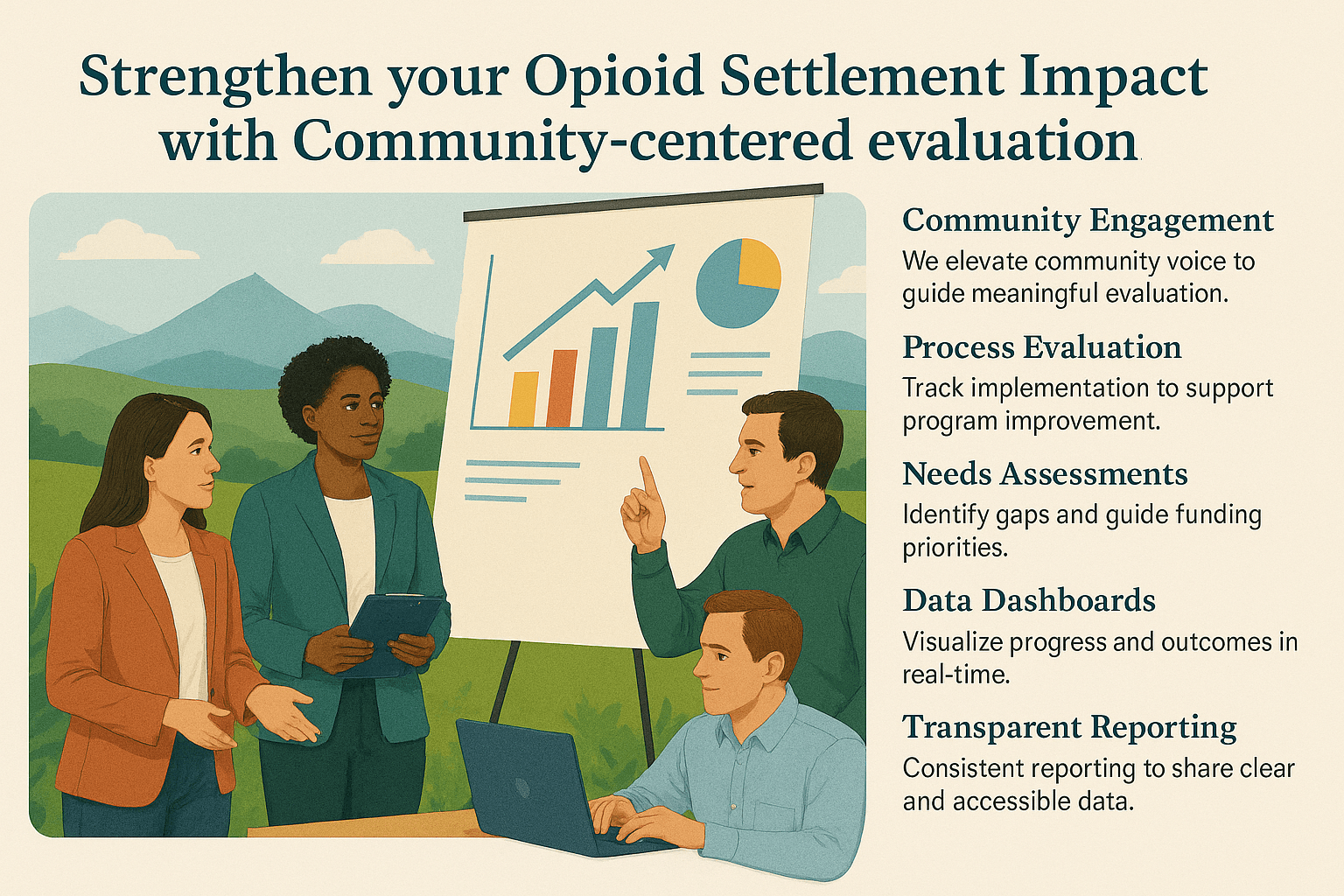 Illustrated infographic titled "Strengthen your Opioid Settlement Impact with Community-centered evaluation": four colleagues discuss a rising bar chart on a flip chart outdoors, beside five services: Community Engagement, Process Evaluation, Needs Assessments, Data Dashboards and Transparent Reporting