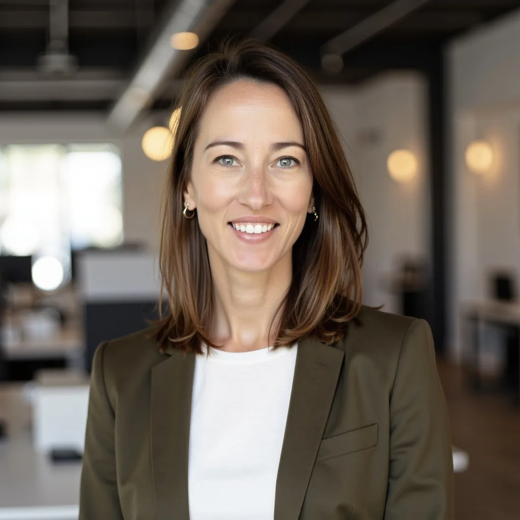 Adrienne Call smiling, with shoulder-length brown hair, wearing an olive blazer over a white T-shirt in a softly lit open-plan office