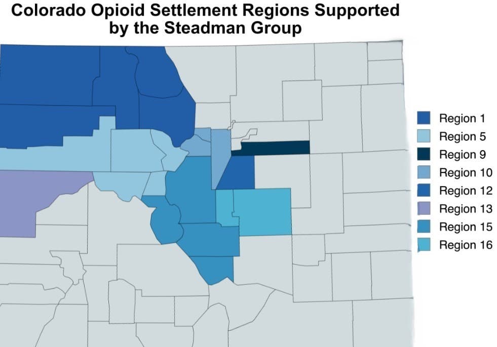 County map of Colorado titled "Colorado Opioid Settlement Regions Supported by the Steadman Group", with the counties in Regions 1, 5, 9, 10, 12, 13, 15 and 16 shaded in blues and purple and a legend listing each region