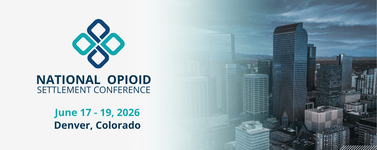 National Opioid Settlement Conference banner with the conference logo and the dates June 17 - 19, 2026, Denver, Colorado, beside an aerial photo of the Denver skyline