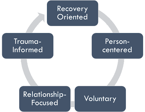 Cycle diagram of five principles of peer recovery support: Recovery Oriented, Person-centered, Voluntary, Relationship-Focused, and Trauma-Informed