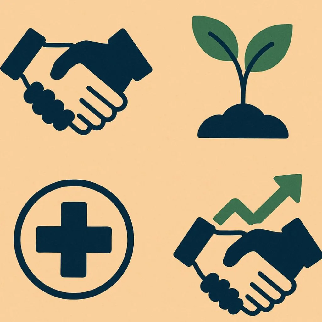 Flat illustration on a peach background of four icons: a handshake, a seedling sprouting from soil, a medical cross in a circle, and a handshake beneath a rising green arrow