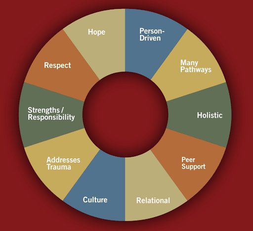 Wheel diagram of the 10 guiding principles of recovery: Hope, Person-Driven, Many Pathways, Holistic, Peer Support, Relational, Culture, Addresses Trauma, Strengths/Responsibility and Respect
