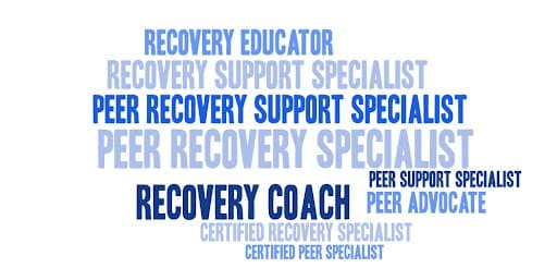 Word cloud of peer specialist job titles: Peer Recovery Specialist, Recovery Coach, Peer Recovery Support Specialist, Recovery Support Specialist, Recovery Educator, Peer Support Specialist, Peer Advocate, Certified Recovery Specialist and Certified Peer Specialist