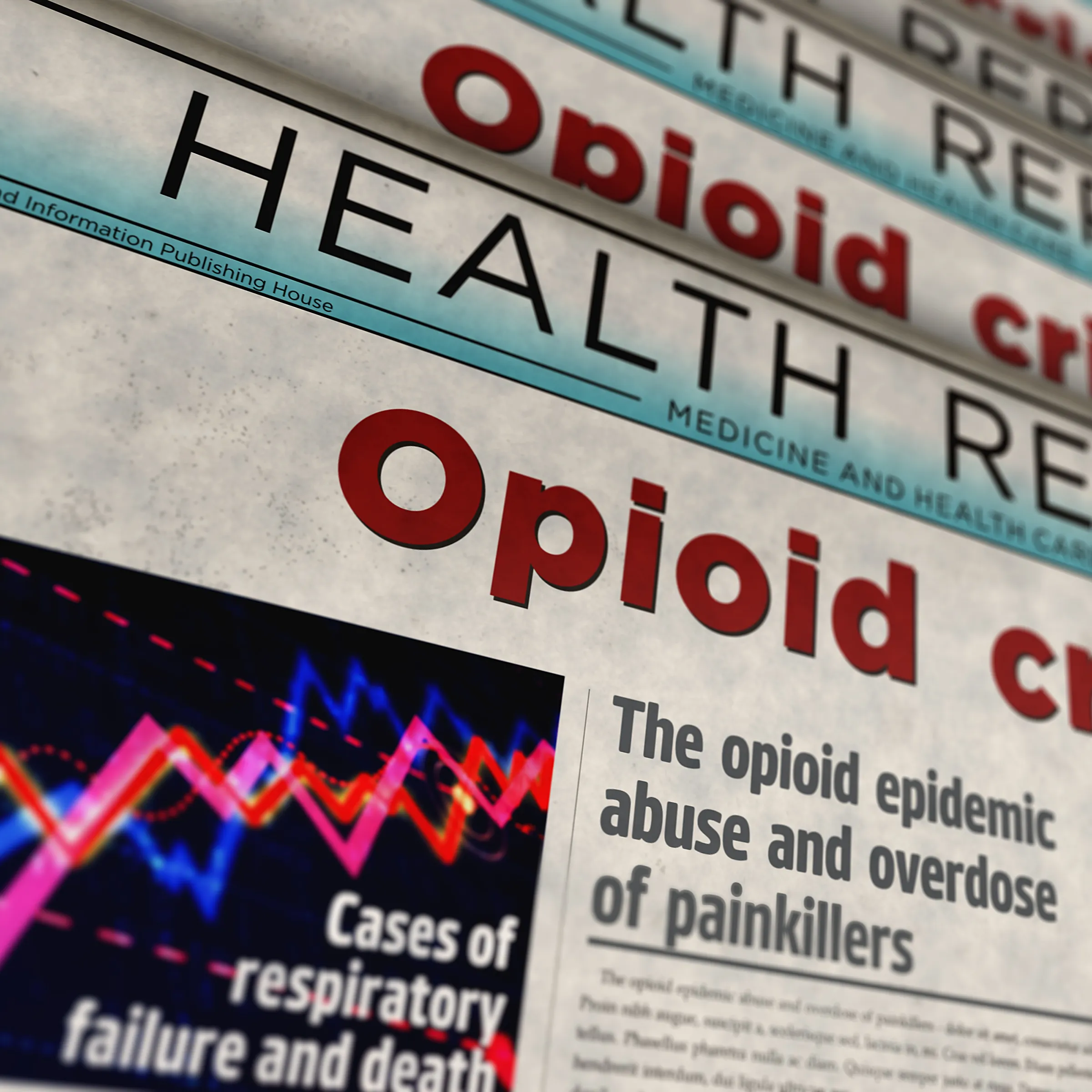 Close-up of stacked newspaper-style front pages with large red 'Opioid' headlines under a 'HEALTH' masthead, a glowing red, pink and blue line chart captioned 'Cases of respiratory failure and death', and the subhead 'The opioid epidemic abuse and overdose of painkillers'